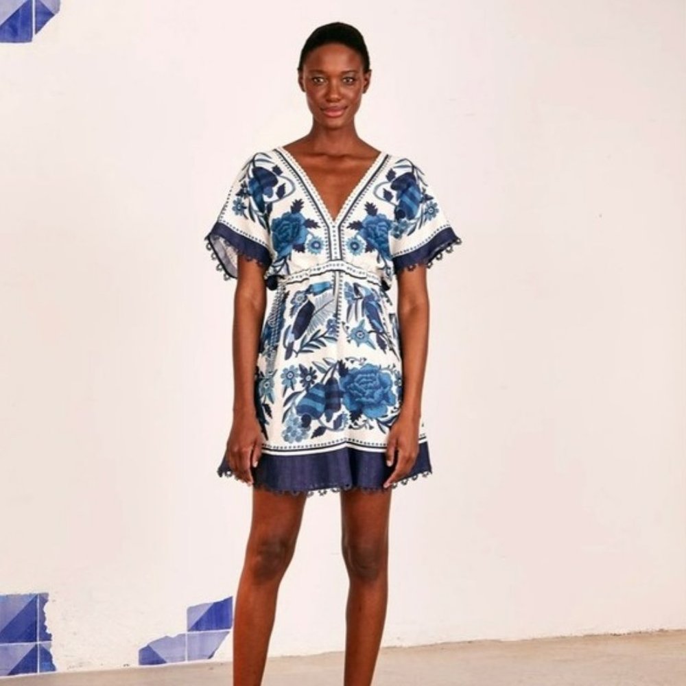 Farm Rio Tropical Tiles Floral Linen-blend Mini A-line Dress In Multi, XS